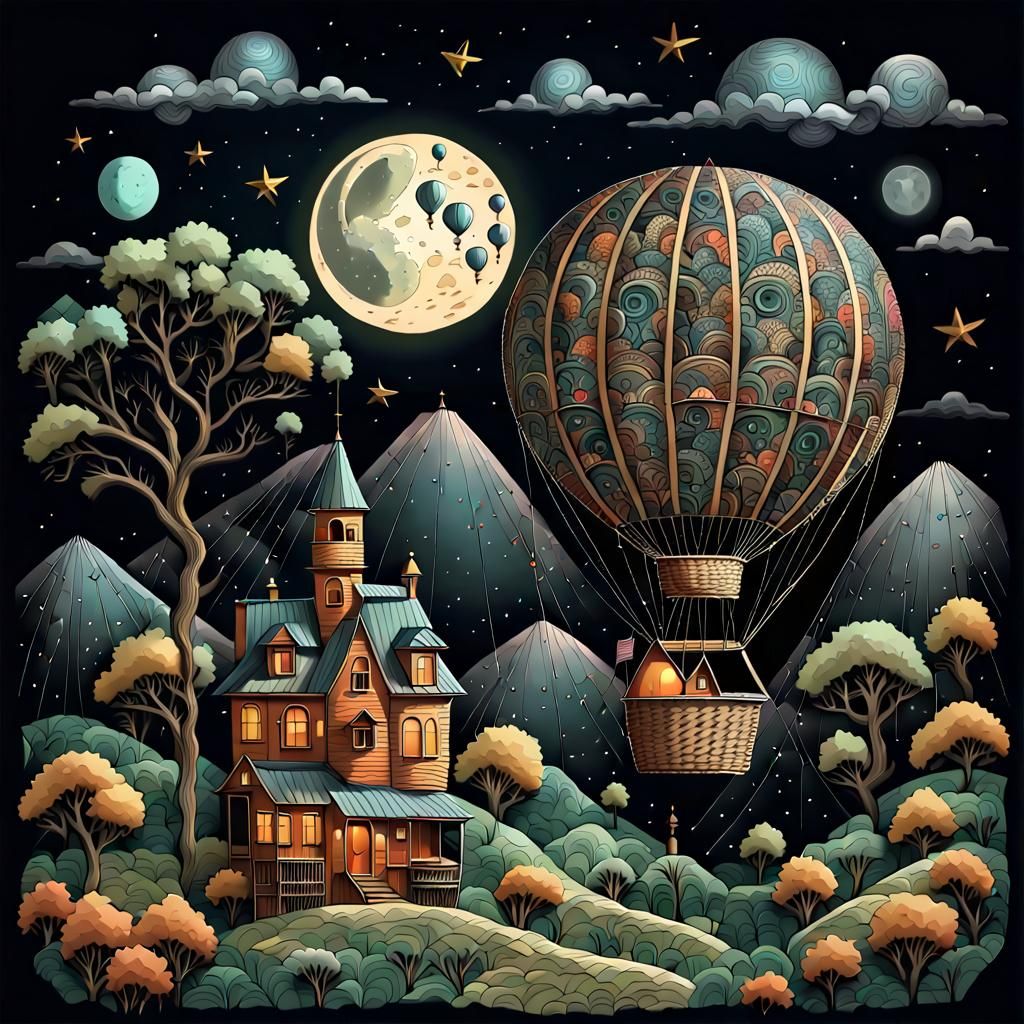 Moon Balloon Flight in Folk Art Deco Style