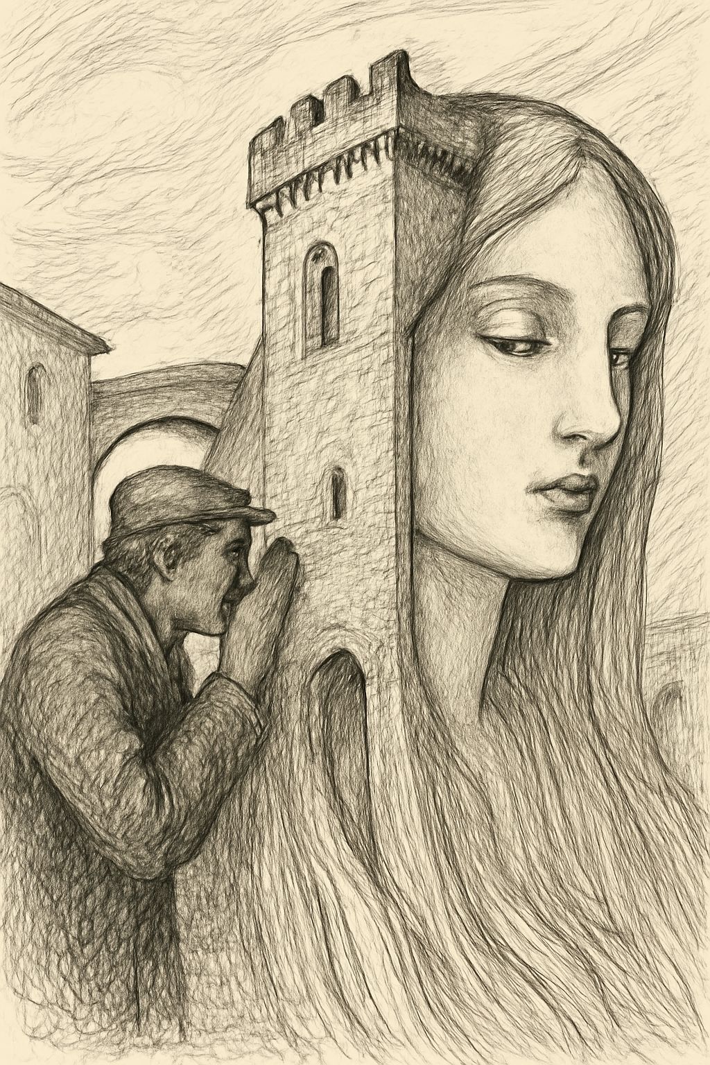 Surreal Sketch: Woman, Tower, and Golden Waterfalls