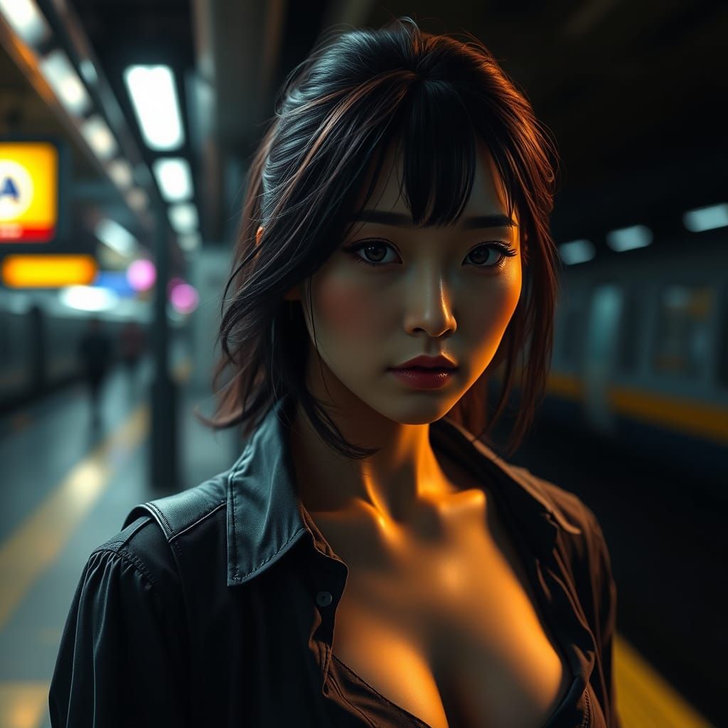 Lonely Japanese Businesswoman in Dark Fantasy Style