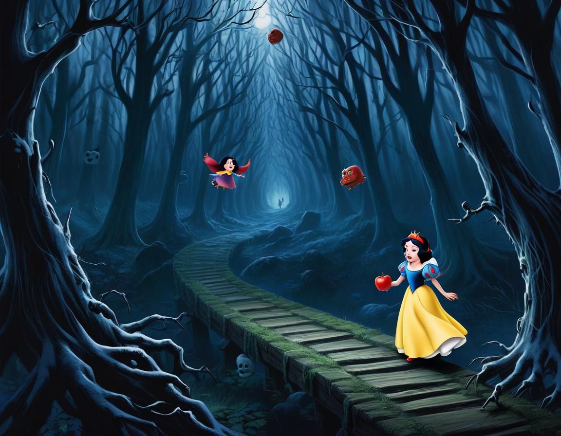 Snow White's Perilous Flight Through Dark Forest