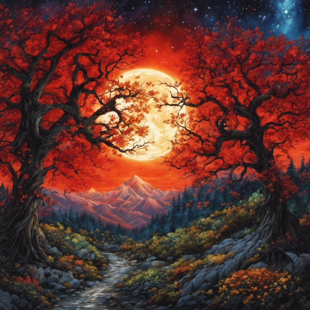 Gothic Fantasy Forest Under Starry Night Sky