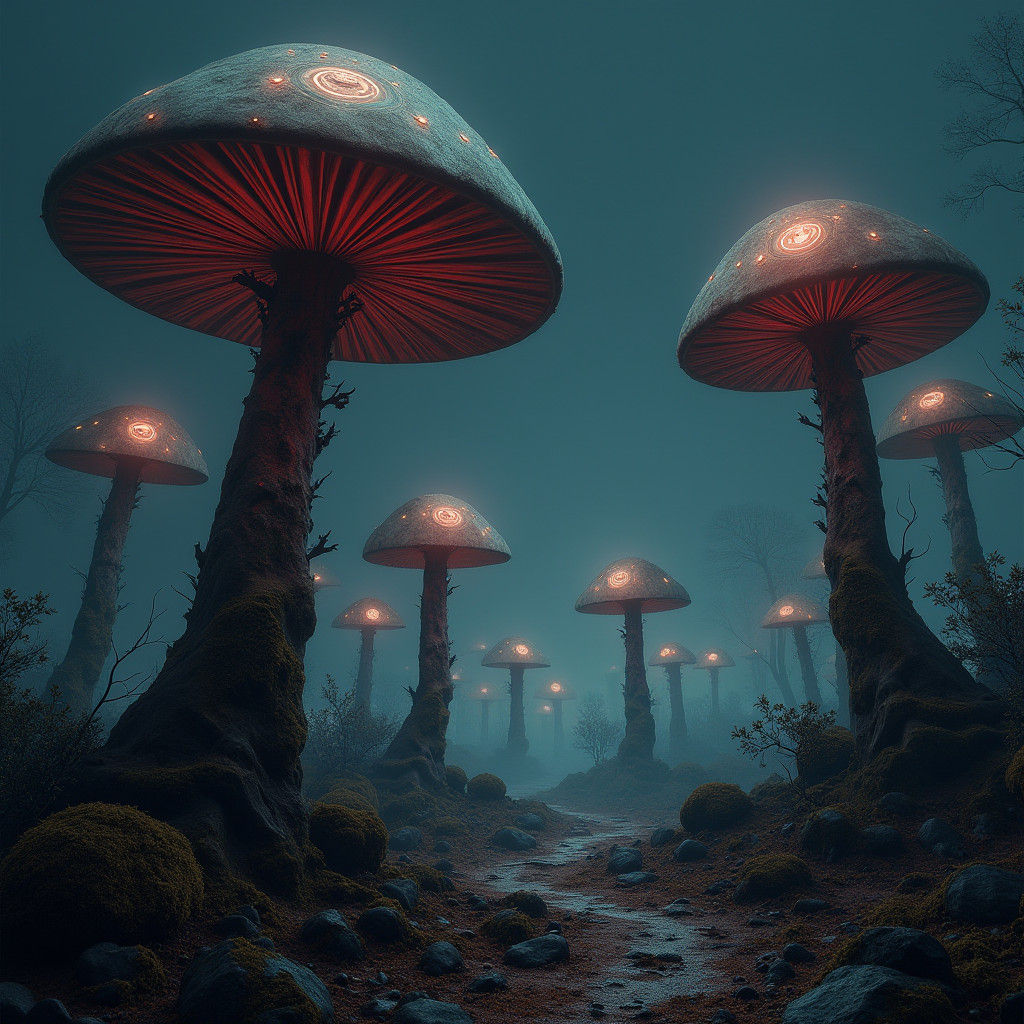Surreal Mushroom Dreamscape in High-Fantasy Style