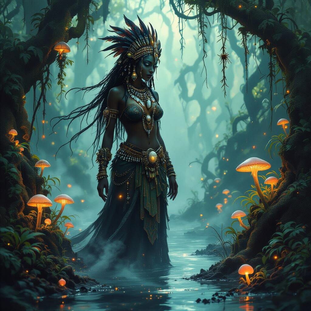 Mystical Voodoo Priestess in Bioluminescent Mangrove Forest