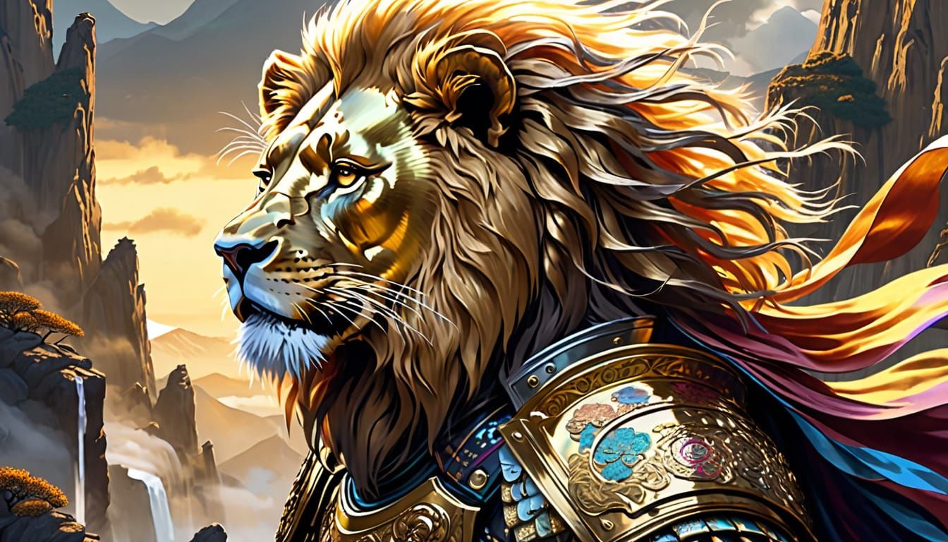 Lion Samurai on Misty Peak: Digital Art