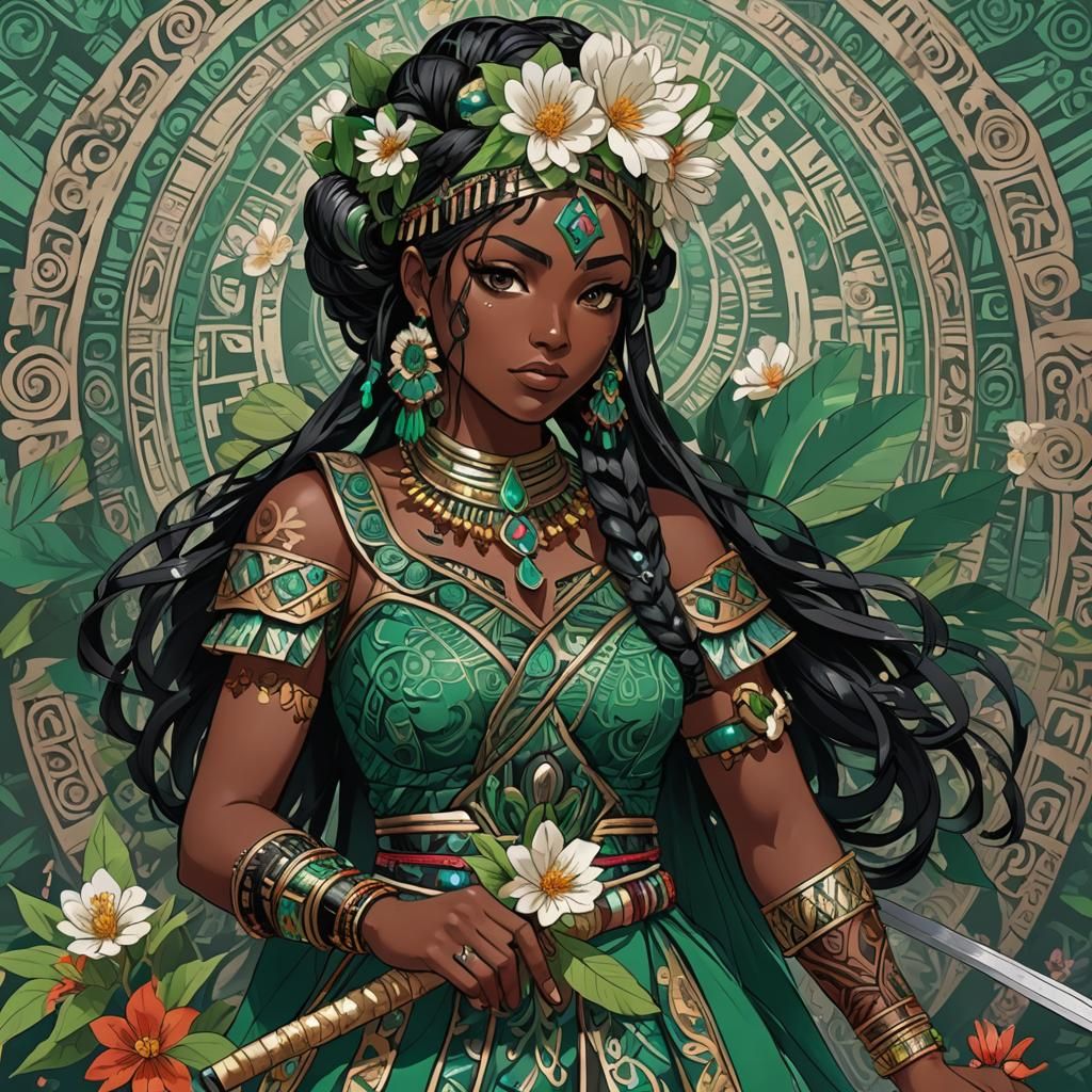 Anime Girl with Sword in Mayan Setting