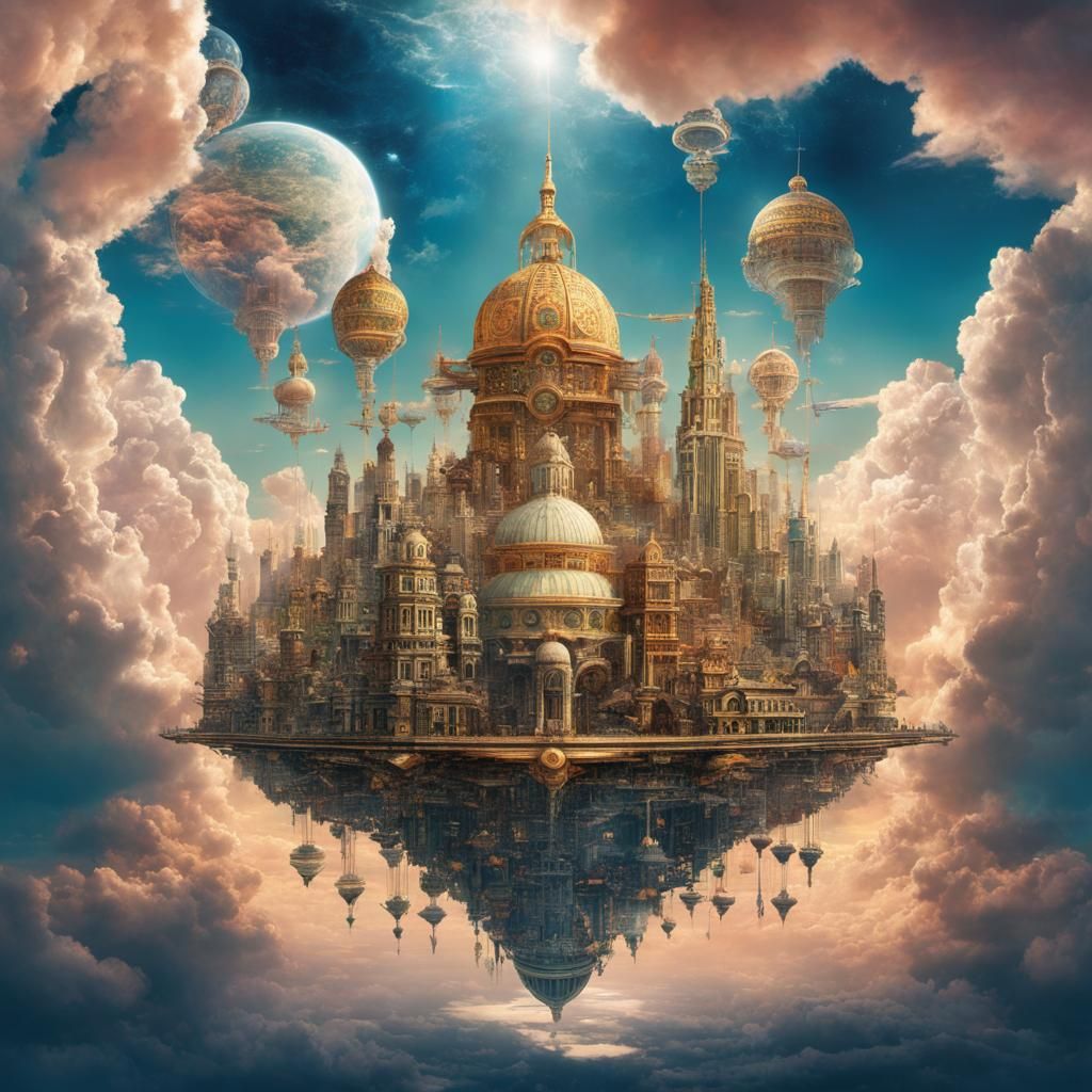 Utopian Cloud City in Glitch Art Style