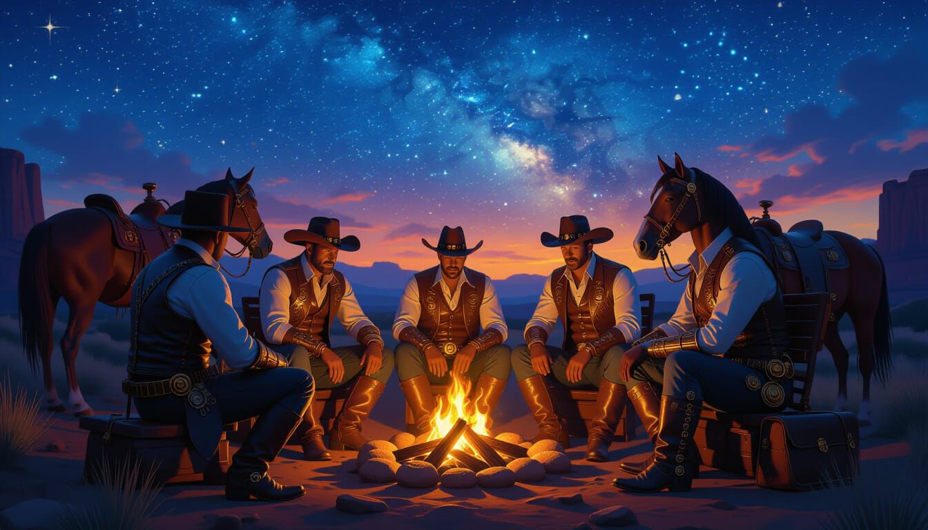 Steampunk Cowboys Around Campfire Under Starry Sky