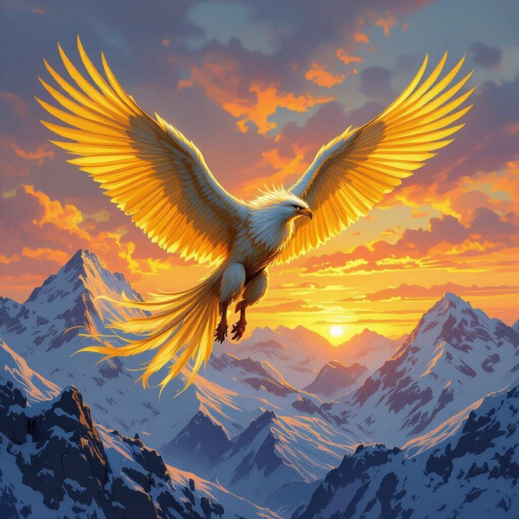Griffin Soaring Over Mountains as Oil Painting
