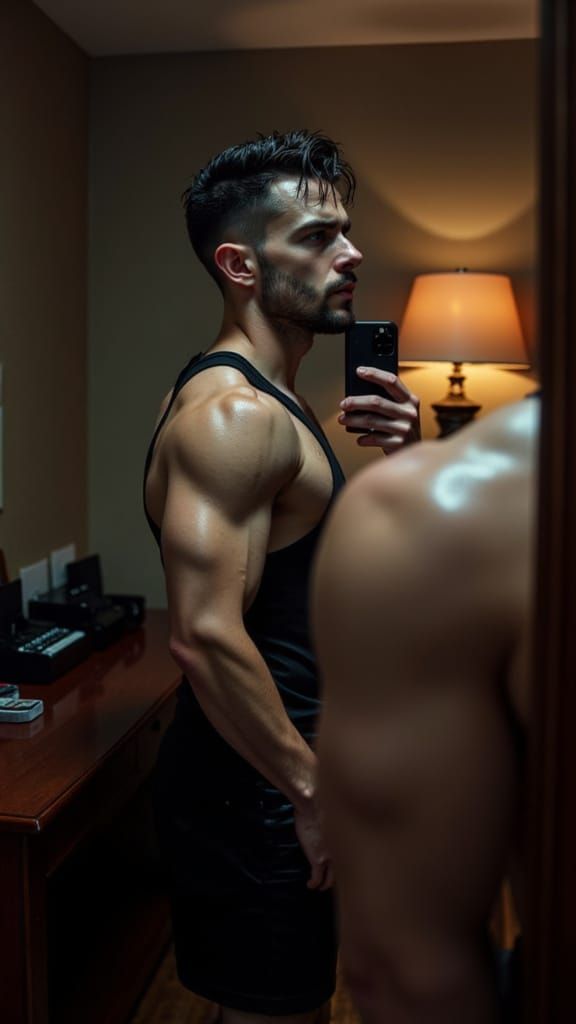 Muscular Man Takes Gym Selfie in Hotel Room