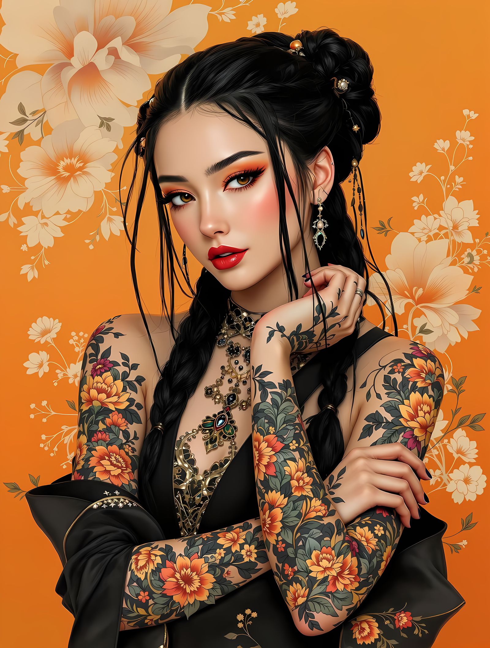 Elegant Young Woman with Floral Tattoos in Asian-Inspired Ar...