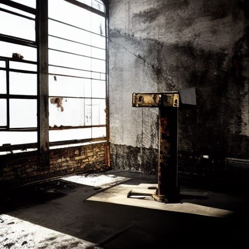 Rusted Iron Sculpture with Ebony Panels in Dystopic Factory