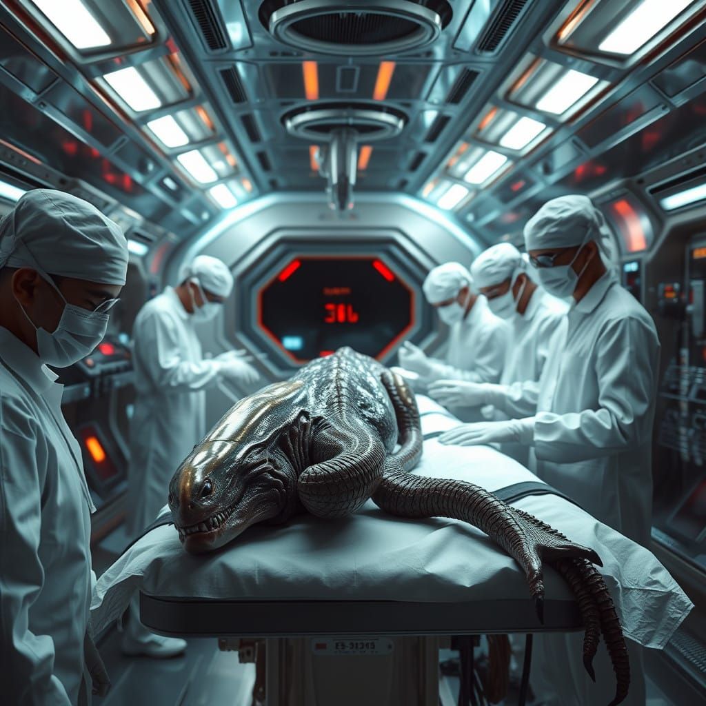 Cyberpunk Medical Bay Scene with Alien Deworming Procedure