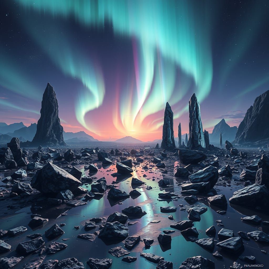 Cosmic Aurora Borealis on Alien Planet in Surreal Style