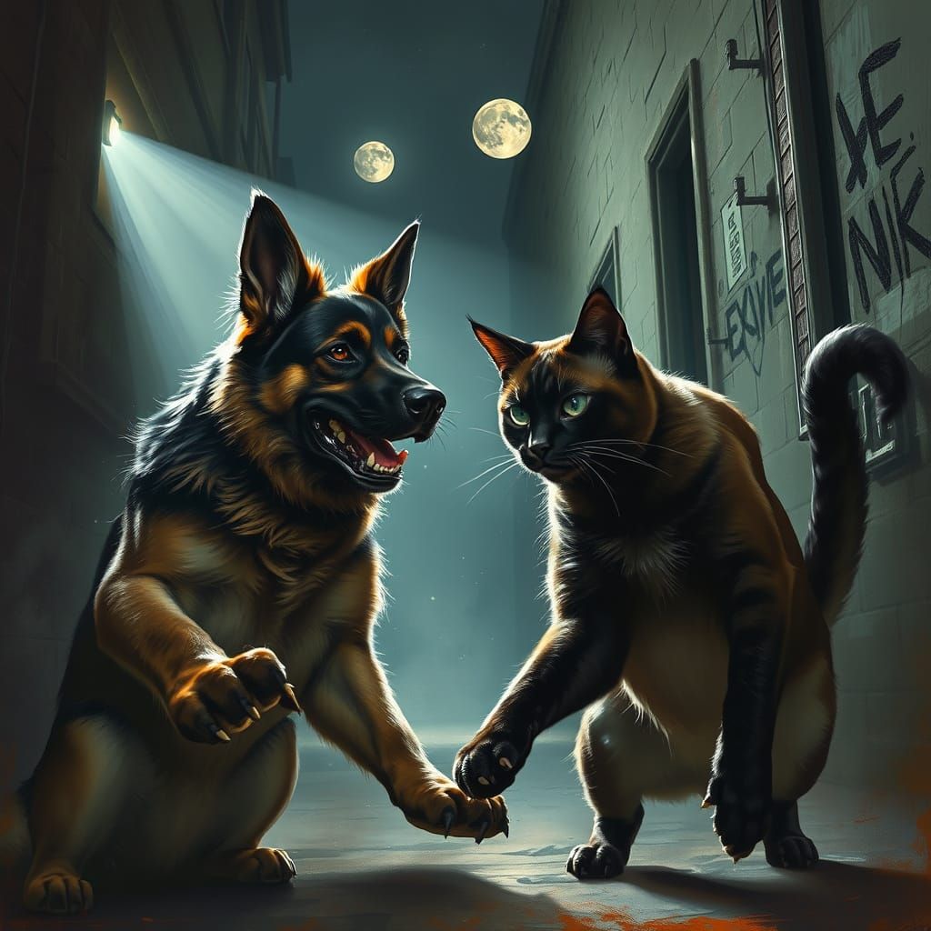 German Shepherd vs Siamese Cat Standoff in Alley