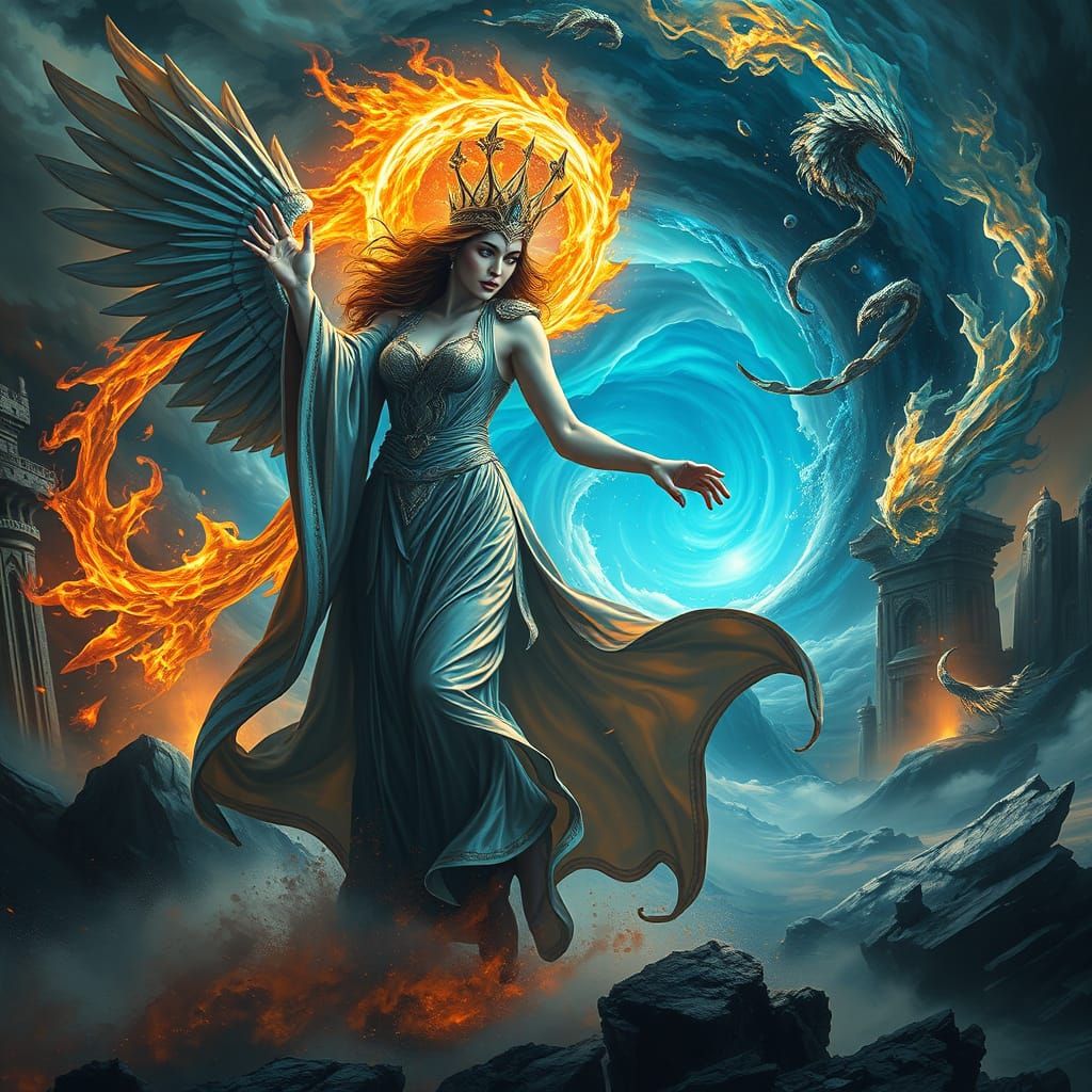 Elemental Woman in Dramatic Digital Landscape