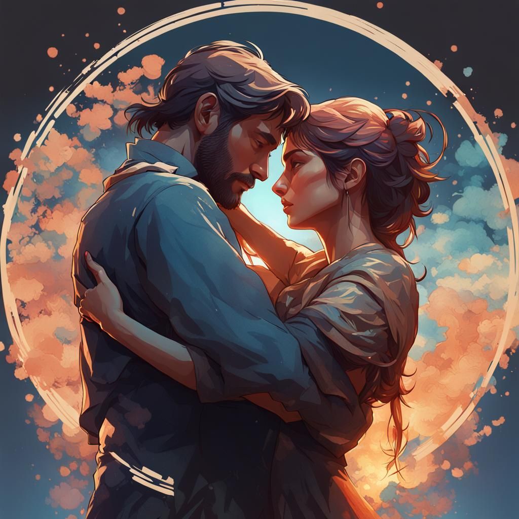 Embracing Couple Silhouette: Hyperdetailed Art Portrait