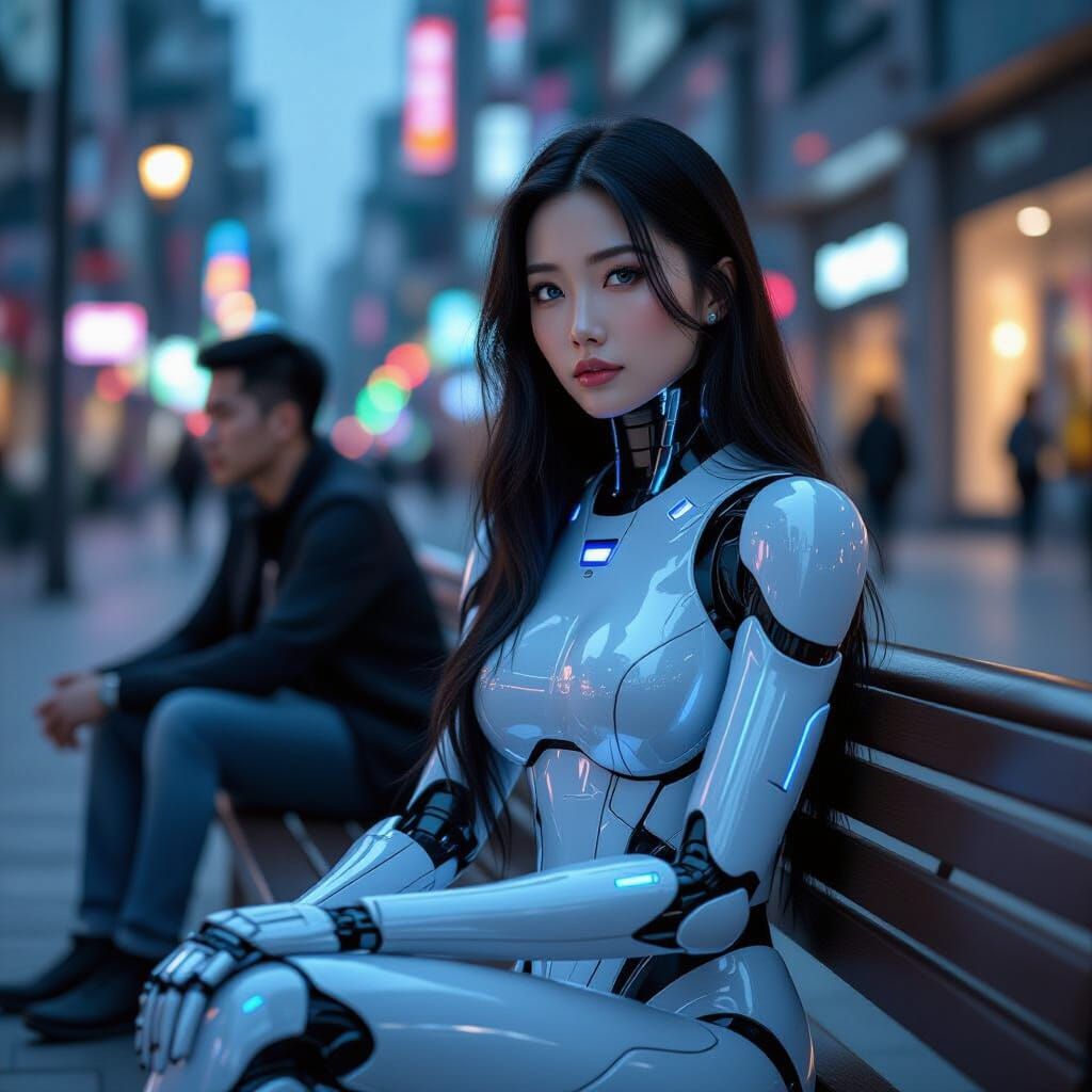 Hyperrealistic Asian Android in Futuristic City Portrait