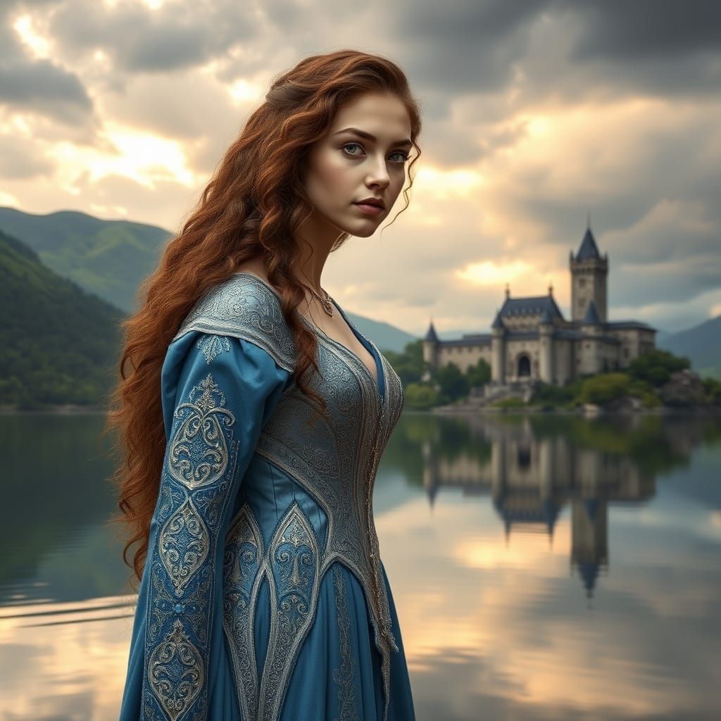 Majestic Fantasy Maiden Basks in Tranquil Lake Scene