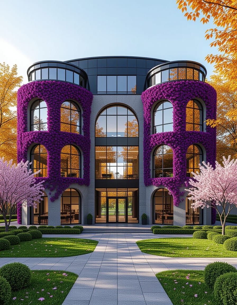 Whimsical Autumn School with Lush Clematis and Glass Roof