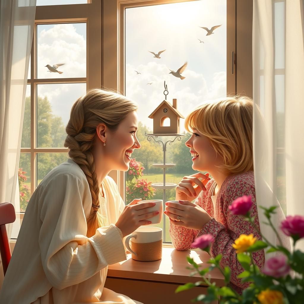 Sisters Share Coffee: Photorealistic Portrait in Kinkade Sty...