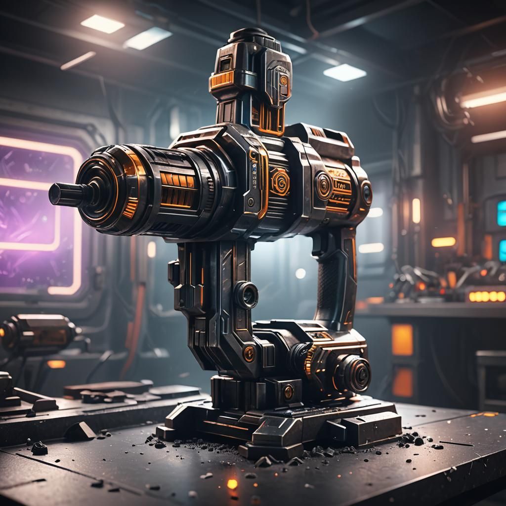 Futuristic Workbench with Ancient Metal Engraving Tool