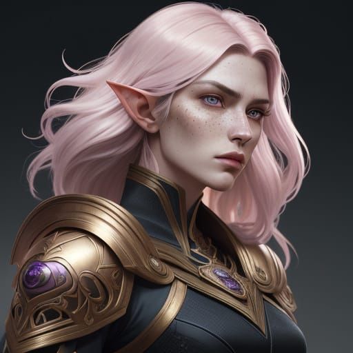 Elegant Warrior with Violet Eyes and Rose Gold Hair
