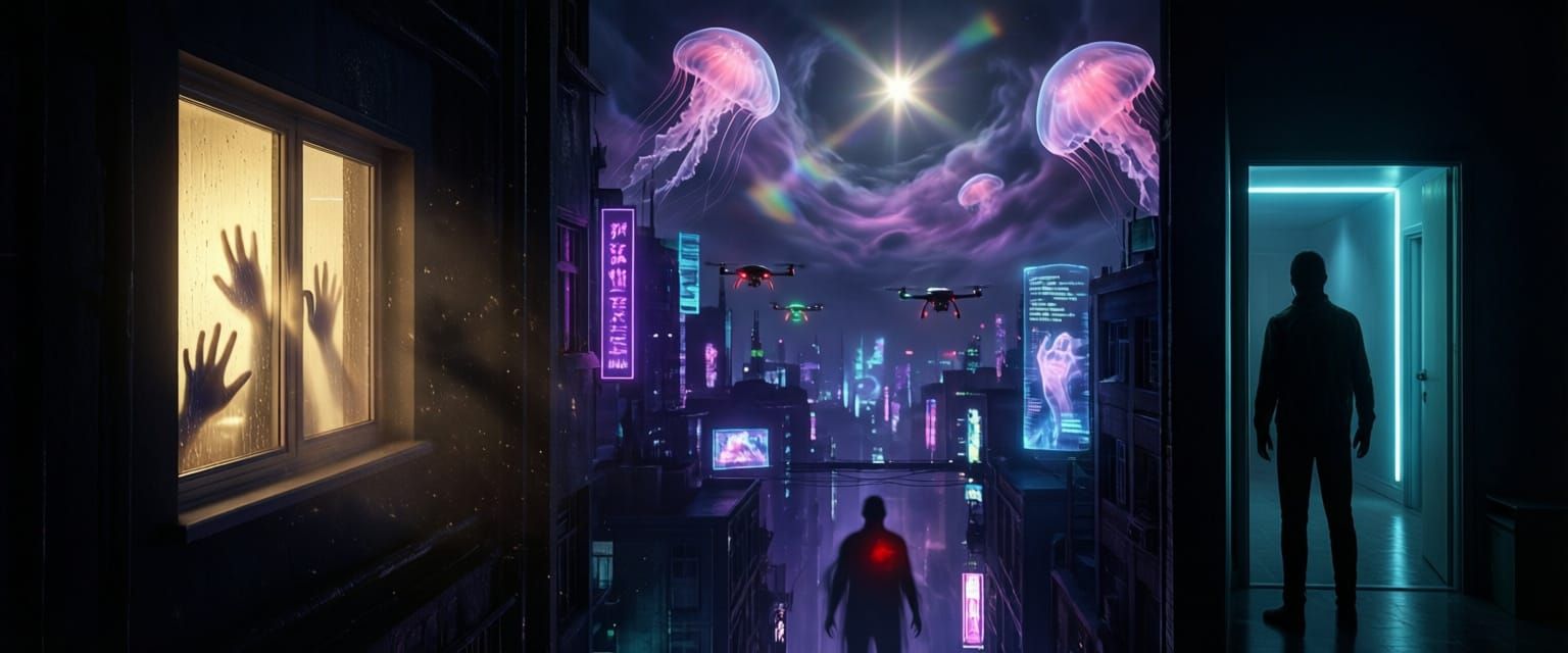 Cyberpunk Noir Surrealism: Luminous Solitude in Urban Apartm...
