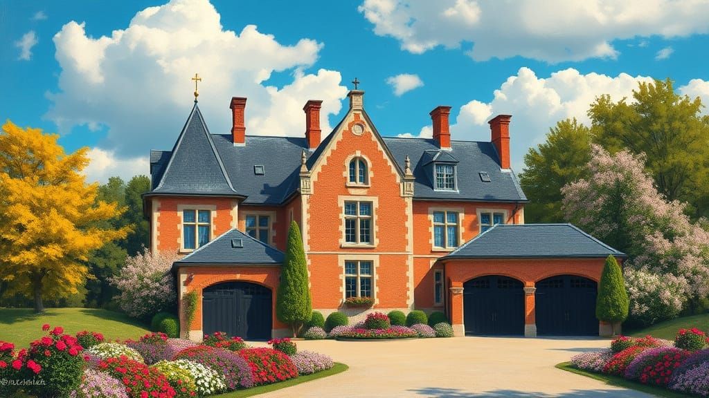 Elegant Chateau Surrounded by Vibrant Gardens in Painterly S...