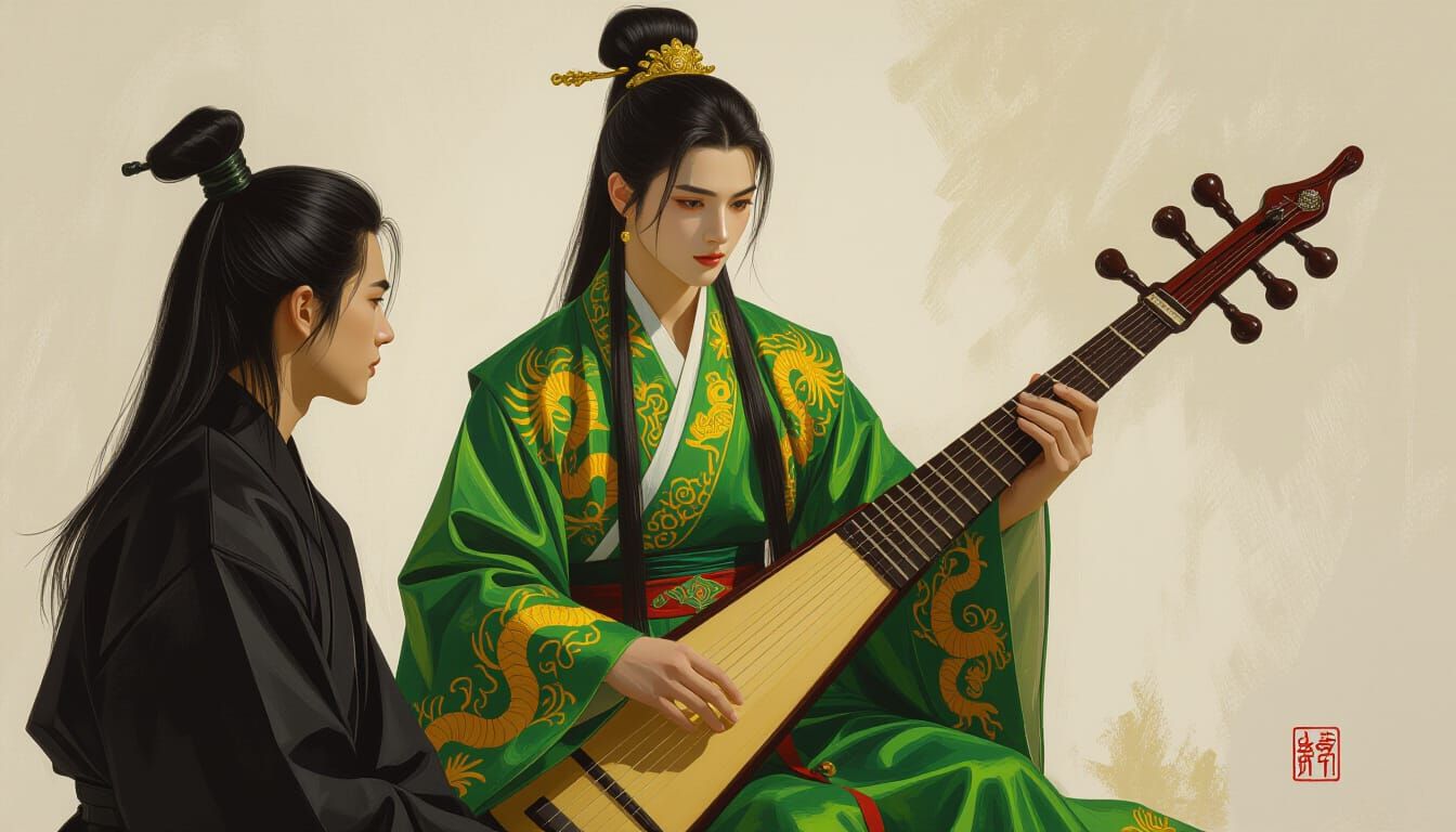 Chinese Musician Playing Guqin in Oil Painting Style