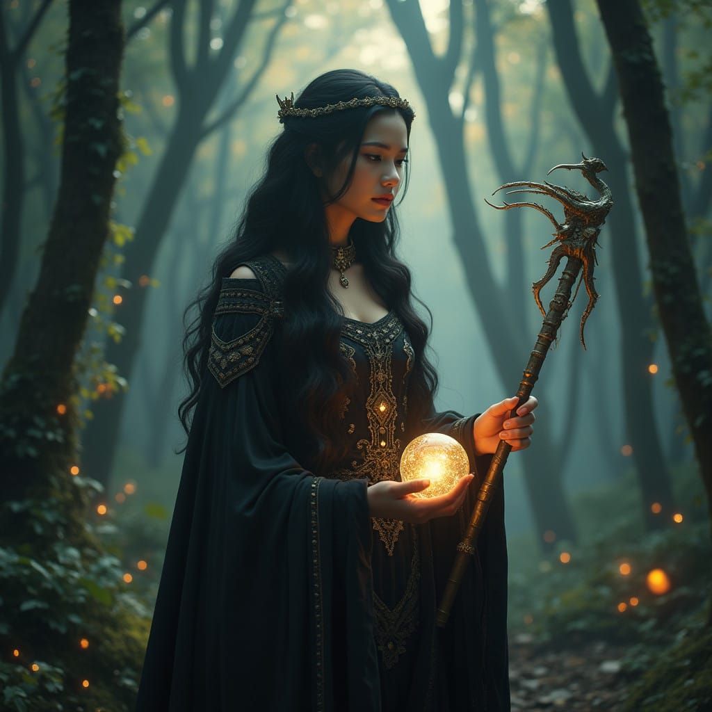 Mystical Woman Surrounded by Iridescent Forest Light