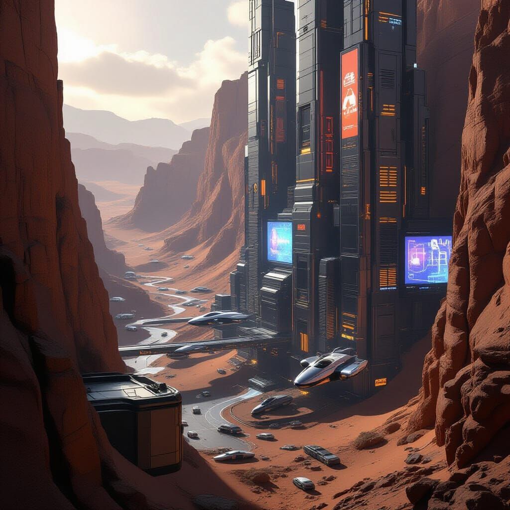 Martian Canyon Cityscape with Aerodynamic Vehicles