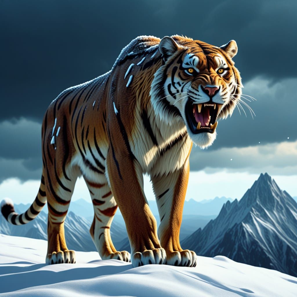 Hyper-Realistic Smilodon in Snowstorm: Digital Painting