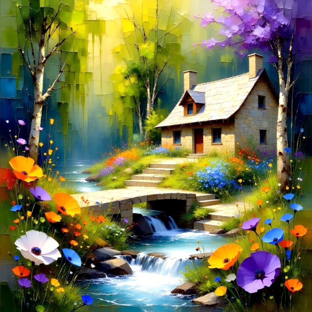 Dreamy River Cottage Scene in Impressionist Style