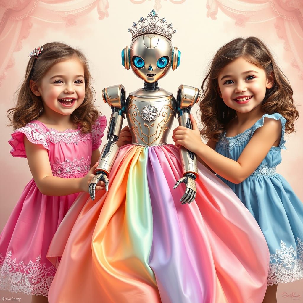 Whimsical Robot Doll Enchanted by Two Young Friends