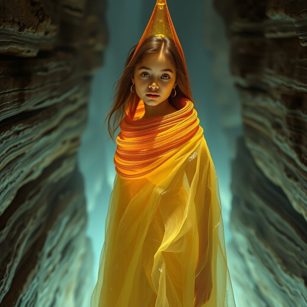 Honey Woman in Amber Droplet over Canyon
