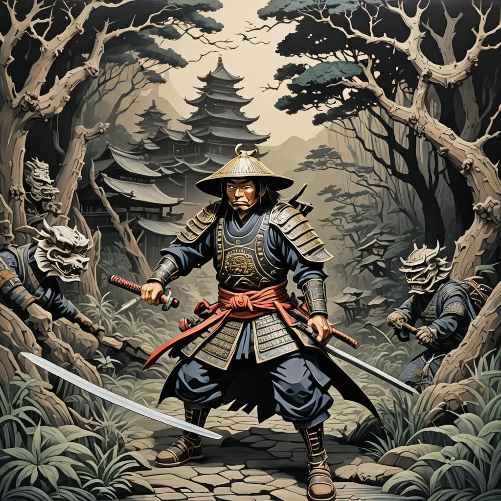 Colorful Oil Painting of Cartoon Samurai Paper Cutting Art