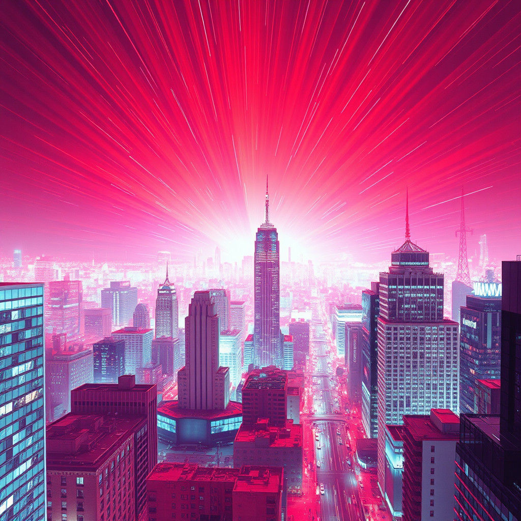 Infrared Light Bursts Over Abstract Cityscape