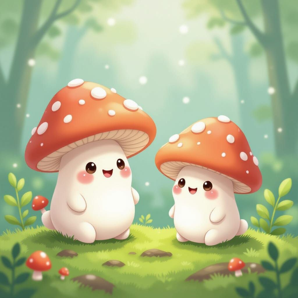 Two Adorable Kawaii Mushrooms on Forest Floor