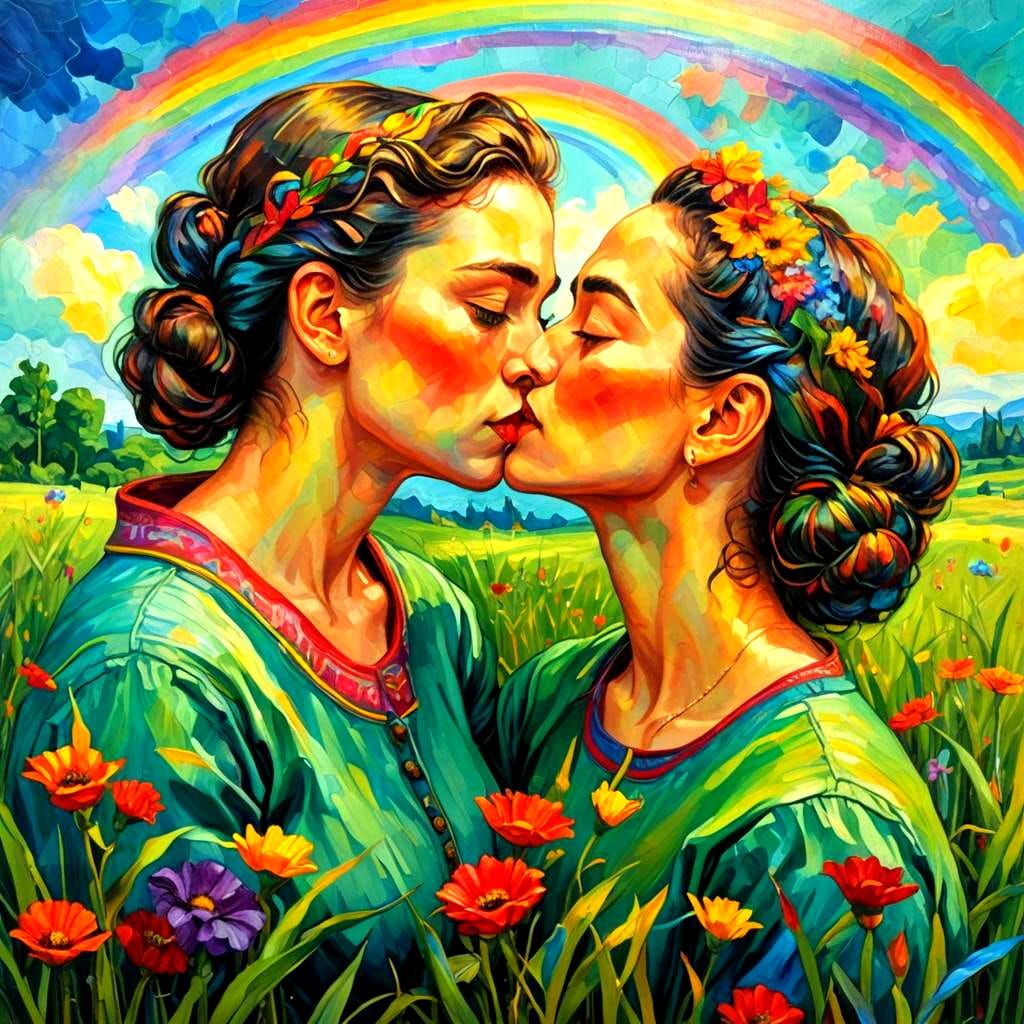 Two Women Kissing Under a Rainbow