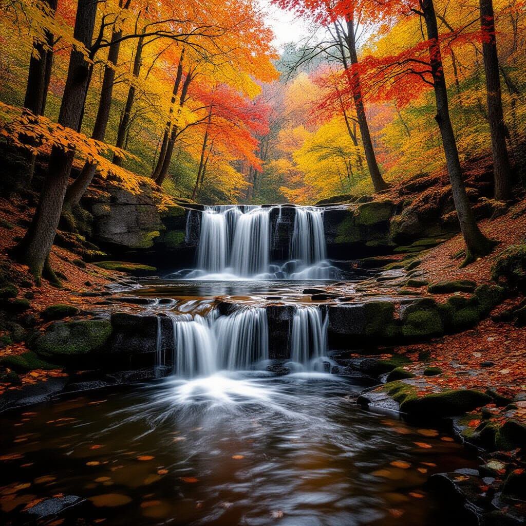 Autumn Forest Waterfall in Cinematic Light