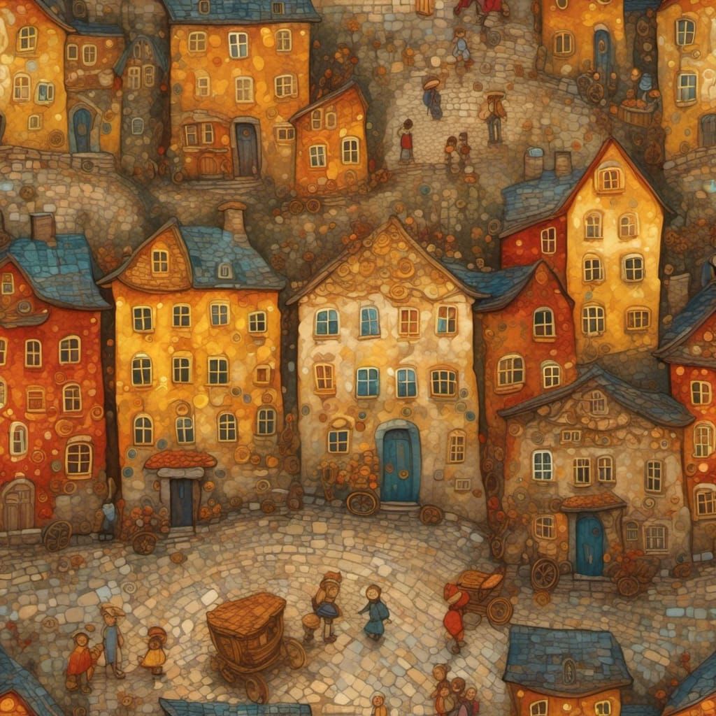 Klimt-Inspired Village Scene with Children Playing