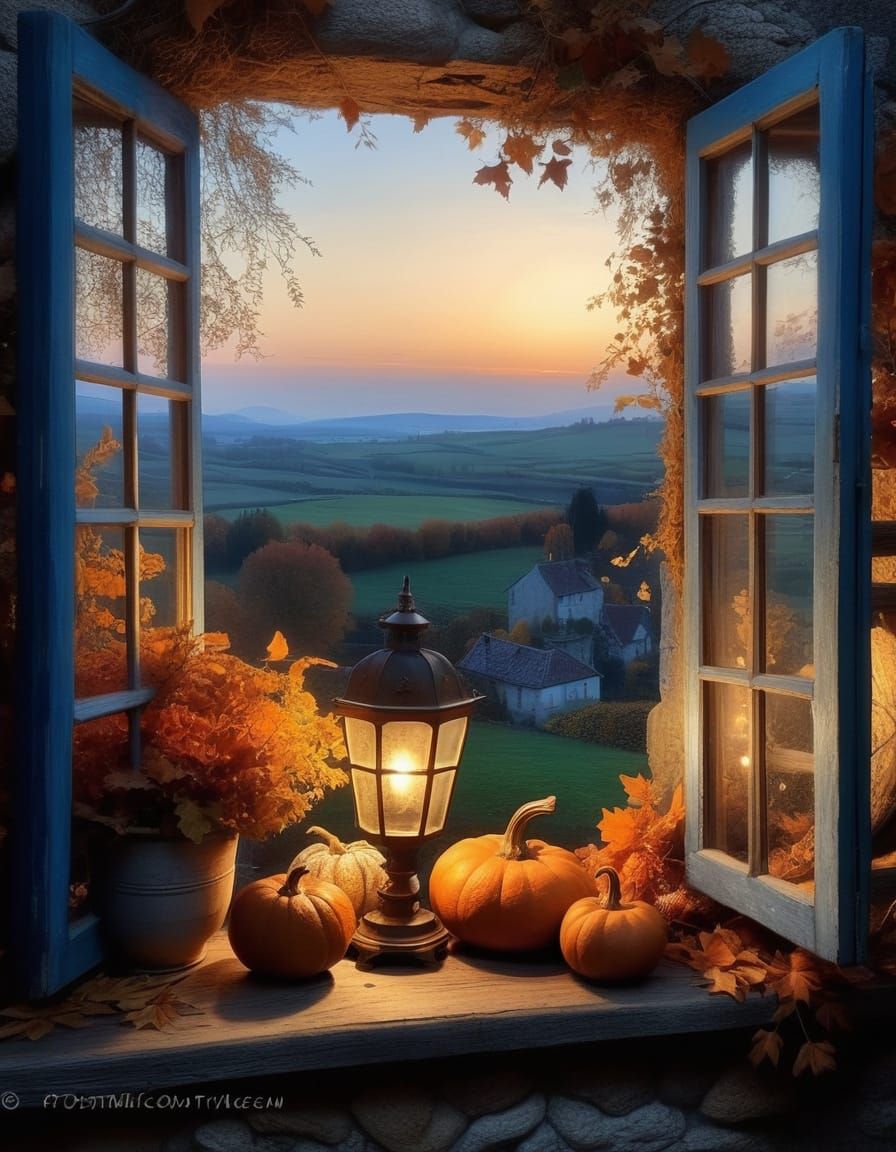 Cozy Autumn Night Through Rustic Window