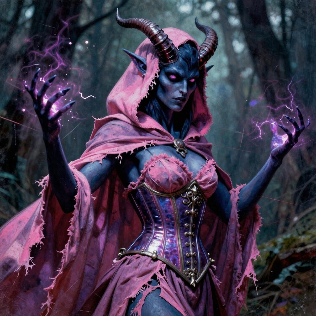 Navy Tiefling Sorceress Unleashing Dark Energy
