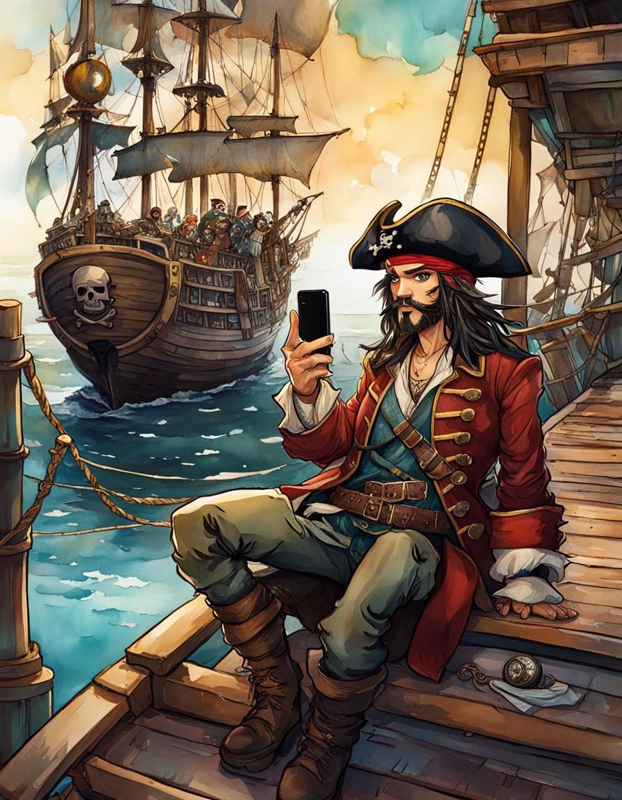 Chibi Pirate Selfie: Digital Watercolor Art Brut Illustratio...