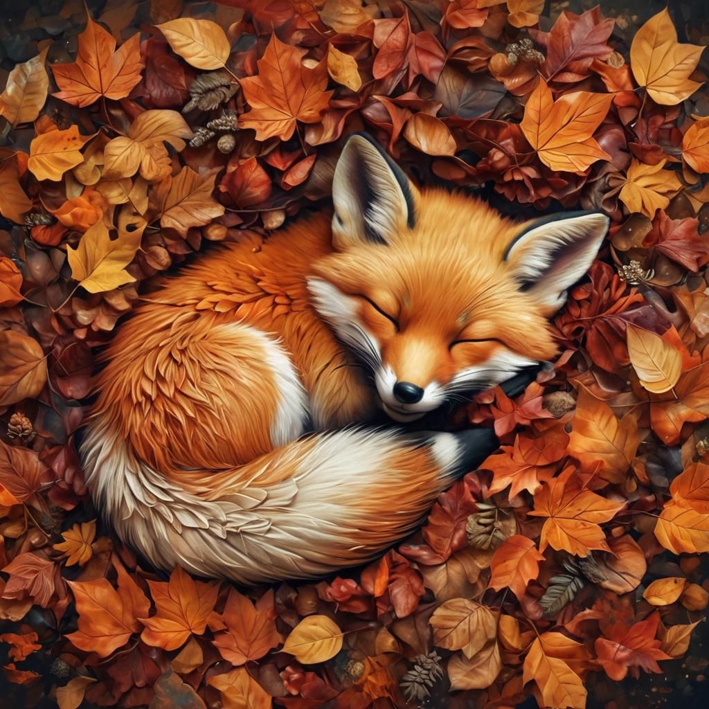 Sleeping Baby Fox on Autumn Leaves, Illustrative Art