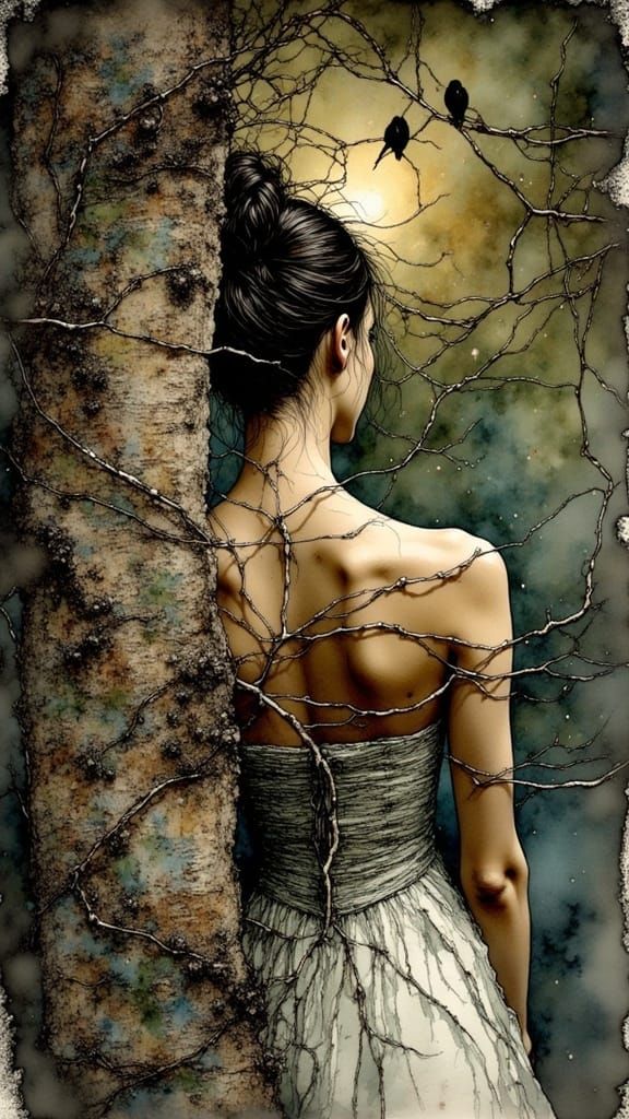 A woman, shrouded in mystery, stands beside a weathered log, her back to the viewer, as tangled branches and leaves enve...
