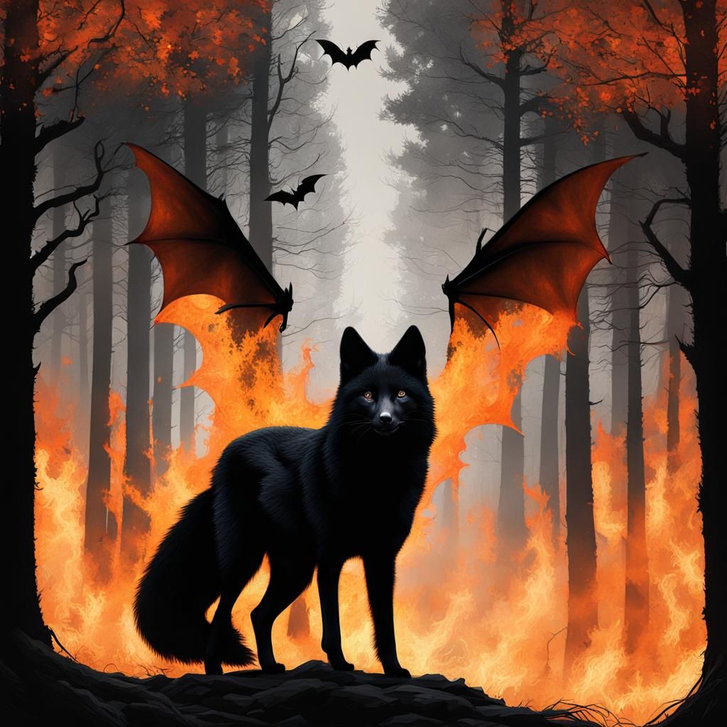 Mystical Black Fox Silhouette in Burning Forest