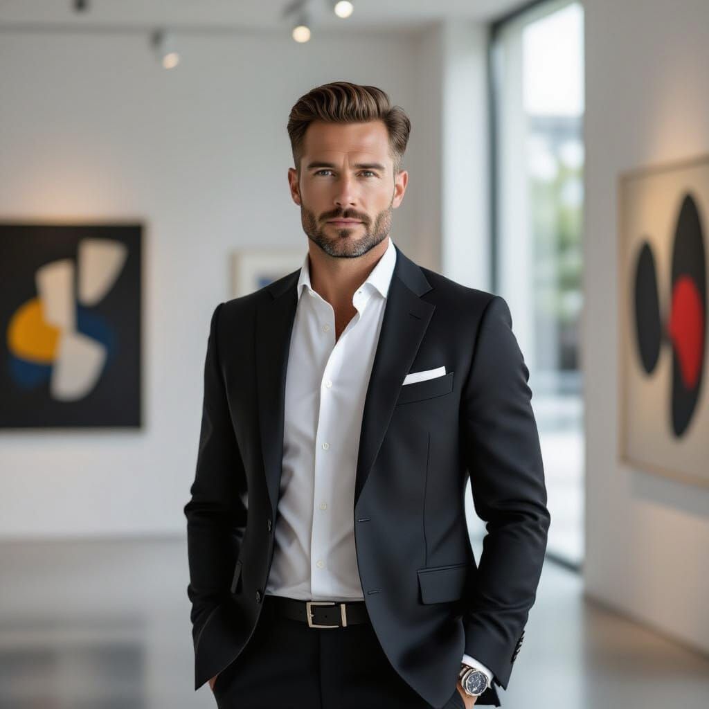 Confident Man in Art Gallery: Photorealistic Style