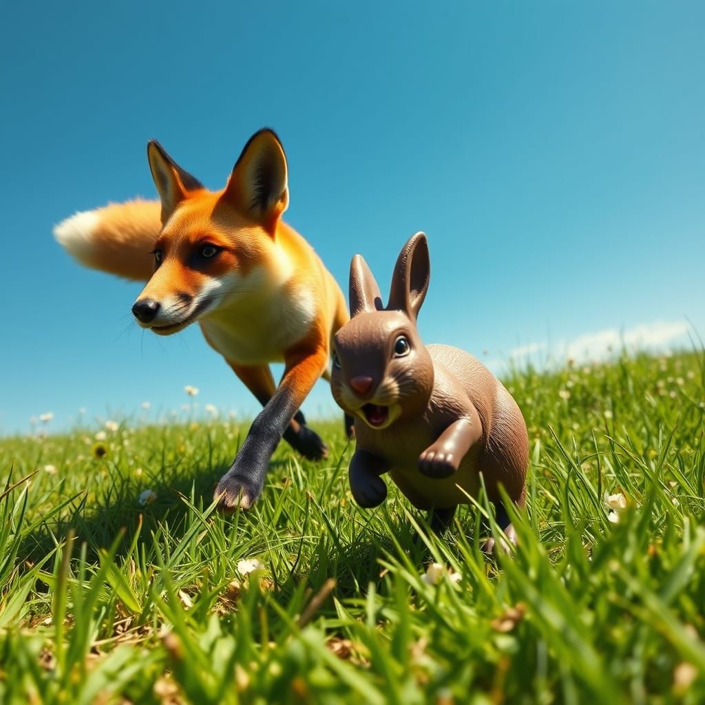 Rusty-Red Fox Pursues Chocolate Easter Bunny in Lush Green M...