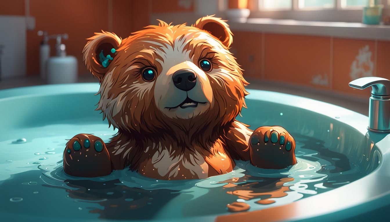 Kawaii Bear Taking a Bath: 8K Resolution Art